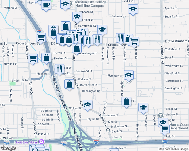 map of restaurants, bars, coffee shops, grocery stores, and more near 200 Basswood Street in Houston