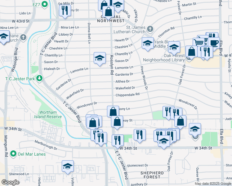 map of restaurants, bars, coffee shops, grocery stores, and more near 1730 Wakefield Drive in Houston
