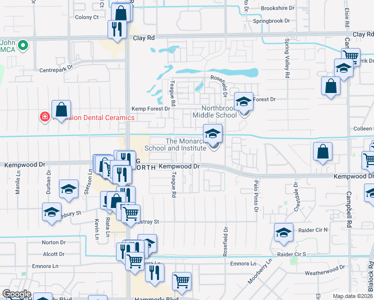 map of restaurants, bars, coffee shops, grocery stores, and more near 2934 Teague Road in Houston