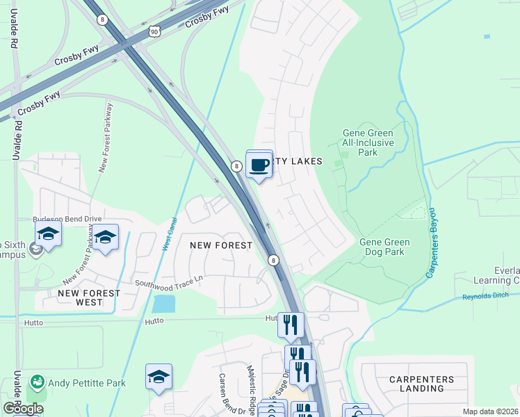 map of restaurants, bars, coffee shops, grocery stores, and more near 4833 East Sam Houston Parkway North in Houston