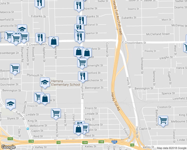 map of restaurants, bars, coffee shops, grocery stores, and more near 906 Westford Street in Houston