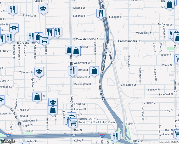 map of restaurants, bars, coffee shops, grocery stores, and more near 1021 Westford Street in Houston