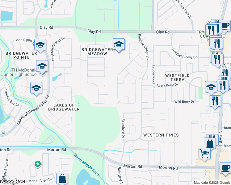 map of restaurants, bars, coffee shops, grocery stores, and more near 3651 Goldleaf Trail Drive in Katy
