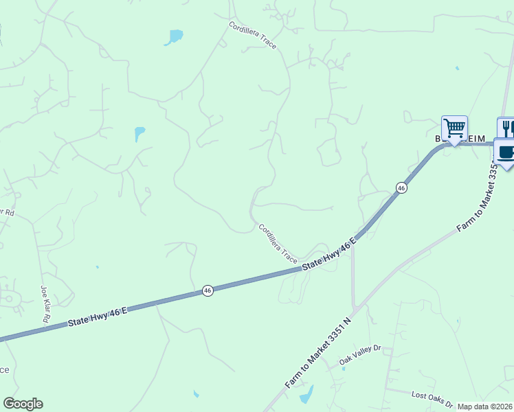 map of restaurants, bars, coffee shops, grocery stores, and more near 102 Cordillera Ridge in Boerne