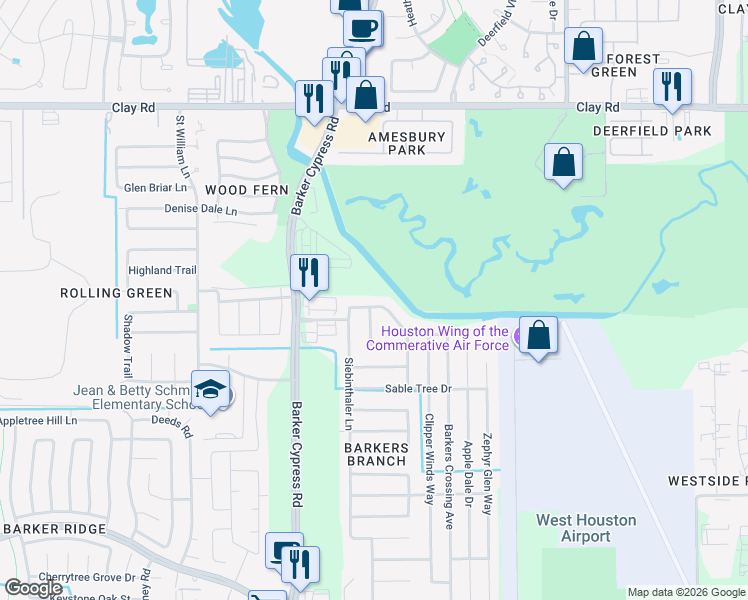 map of restaurants, bars, coffee shops, grocery stores, and more near 3818 Rowlock Vine Drive in Houston