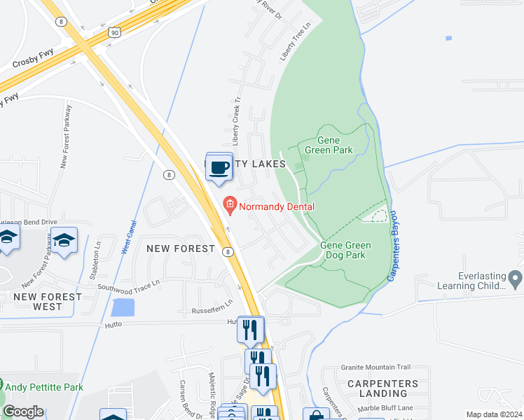 map of restaurants, bars, coffee shops, grocery stores, and more near 6715 Providence View Lane in Houston