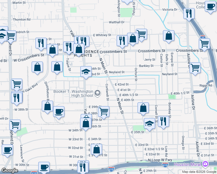 map of restaurants, bars, coffee shops, grocery stores, and more near 8402 North Main Street in Houston