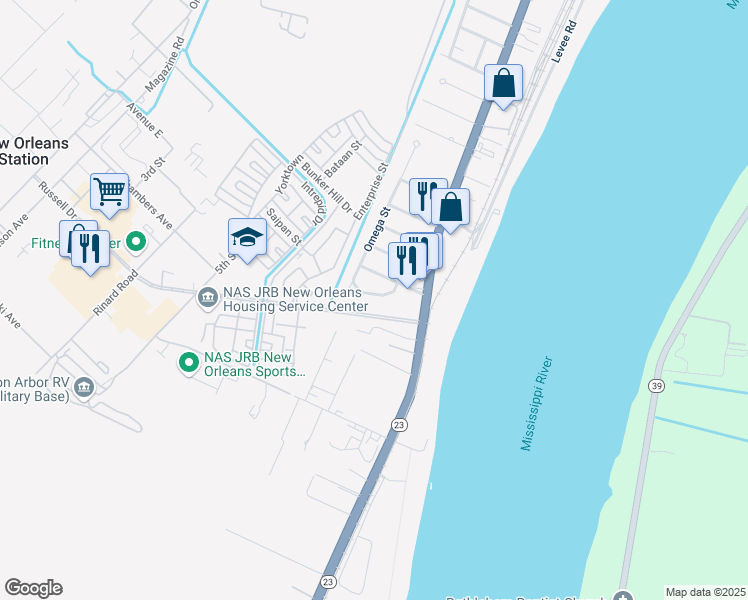 map of restaurants, bars, coffee shops, grocery stores, and more near 114 Lambda Street in Belle Chasse