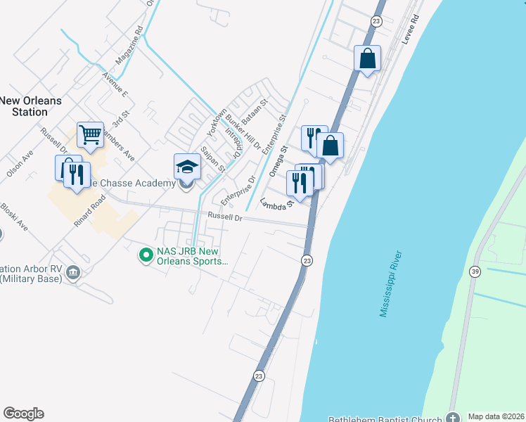 map of restaurants, bars, coffee shops, grocery stores, and more near 114 Lambda Street in Belle Chasse