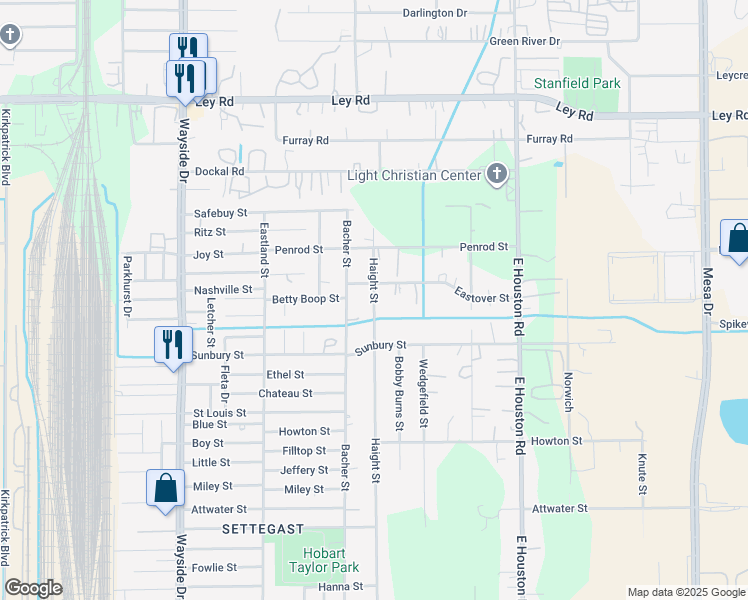 map of restaurants, bars, coffee shops, grocery stores, and more near 8212 Eastover Street in Houston