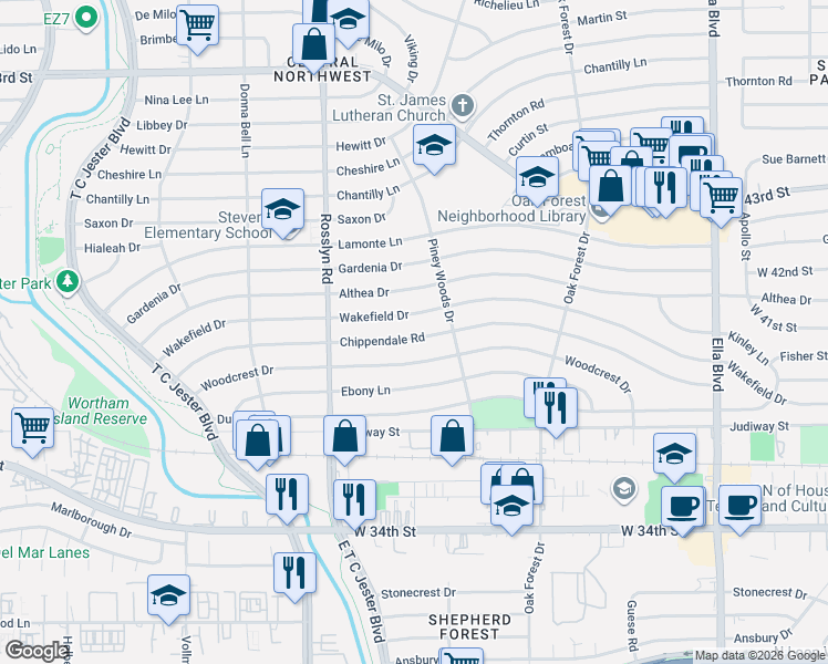map of restaurants, bars, coffee shops, grocery stores, and more near 1642 Wakefield Drive in Houston