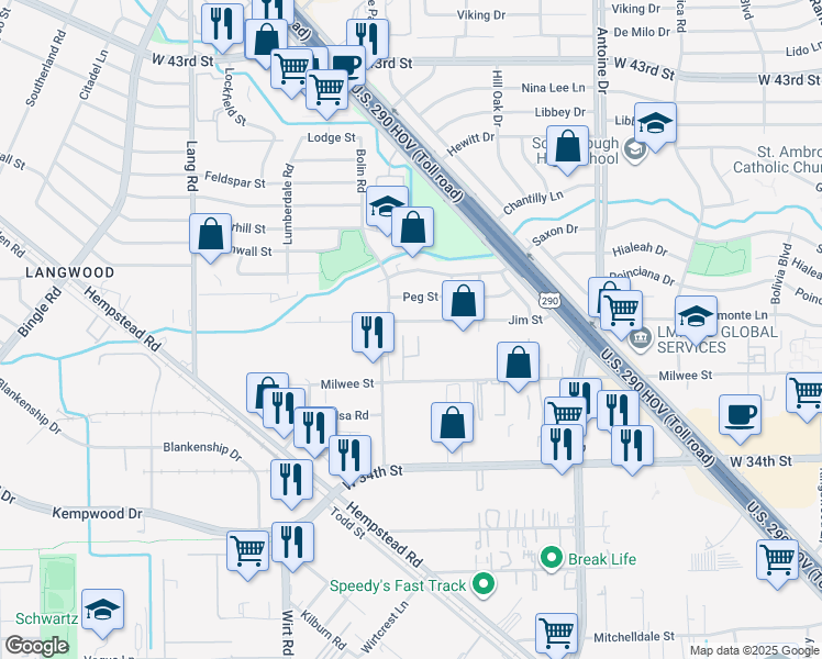 map of restaurants, bars, coffee shops, grocery stores, and more near 6218 Jim Street in Houston