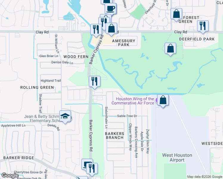 map of restaurants, bars, coffee shops, grocery stores, and more near 3818 Rowlock Vine Drive in Houston