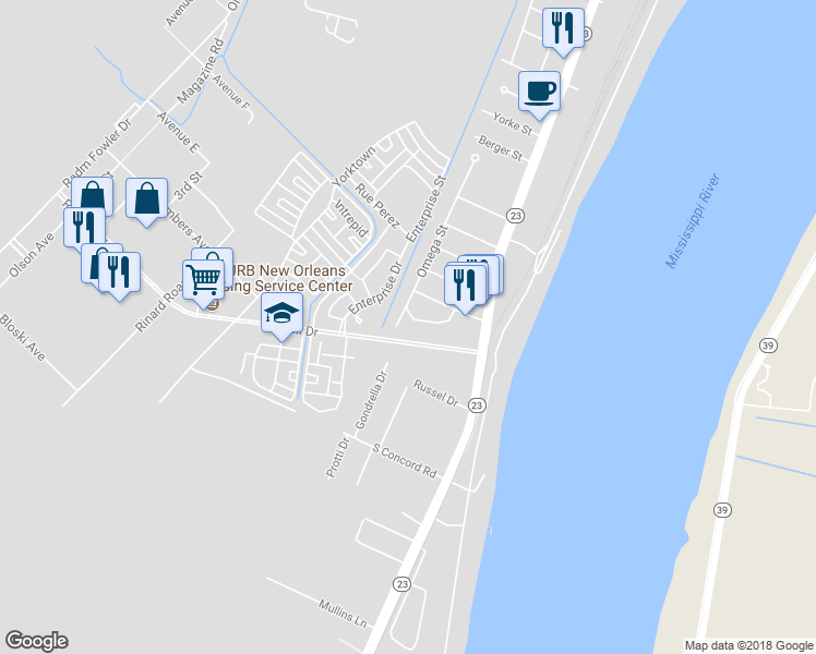 map of restaurants, bars, coffee shops, grocery stores, and more near 508 Omega Street in Belle Chasse