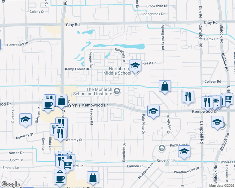 map of restaurants, bars, coffee shops, grocery stores, and more near 2815 Rosefield Drive in Houston