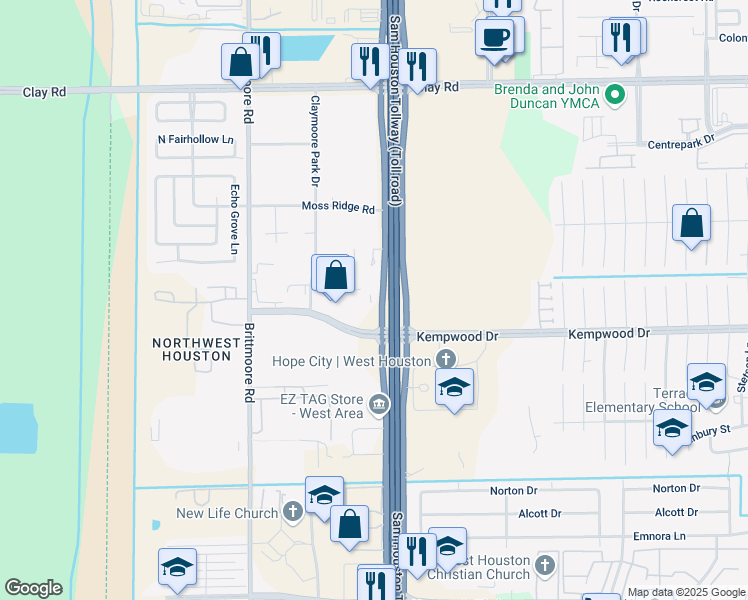 map of restaurants, bars, coffee shops, grocery stores, and more near 3305 West Sam Houston Parkway North in Houston