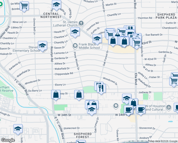 map of restaurants, bars, coffee shops, grocery stores, and more near 1438 Chippendale Road in Houston