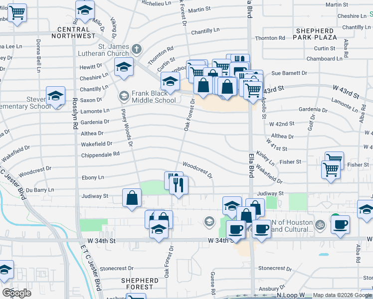 map of restaurants, bars, coffee shops, grocery stores, and more near 1348 Wakefield Drive in Houston