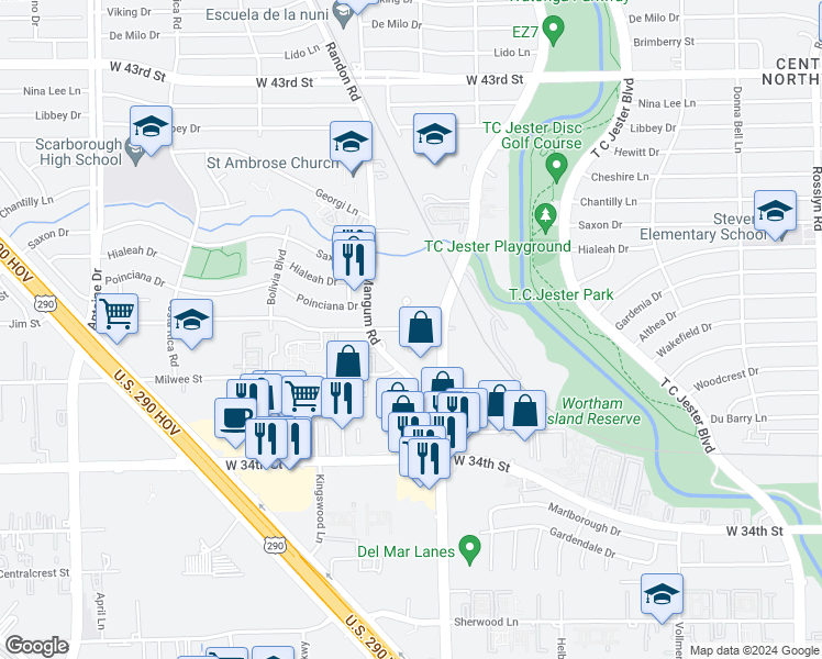 map of restaurants, bars, coffee shops, grocery stores, and more near 2 Lamonte Lane in Houston