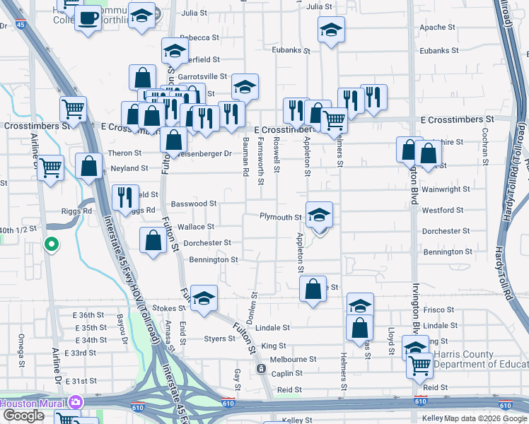 map of restaurants, bars, coffee shops, grocery stores, and more near 326 Basswood Street in Houston