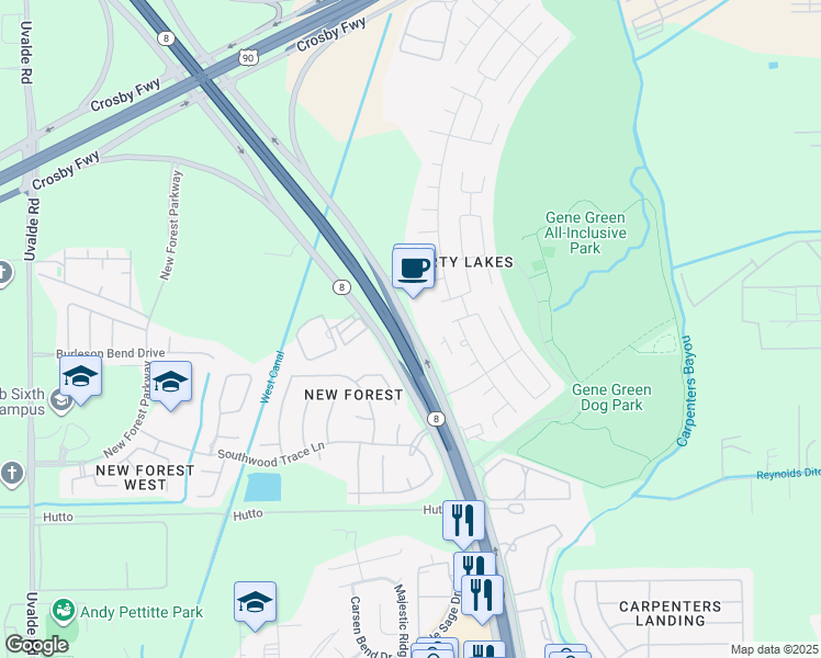 map of restaurants, bars, coffee shops, grocery stores, and more near 6474 East Sam Houston Parkway North in Houston