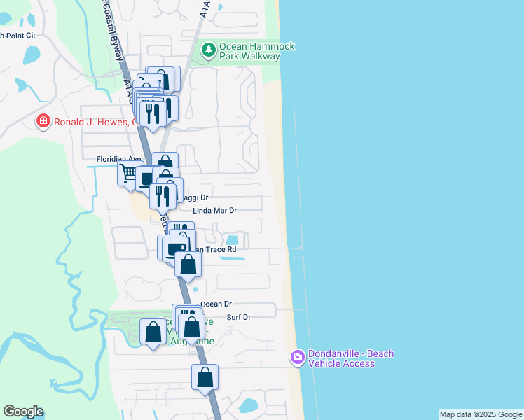 map of restaurants, bars, coffee shops, grocery stores, and more near 7 Oceanside Drive in St. Augustine