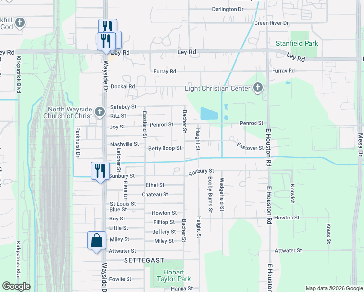 map of restaurants, bars, coffee shops, grocery stores, and more near 6802 Bacher Street in Houston