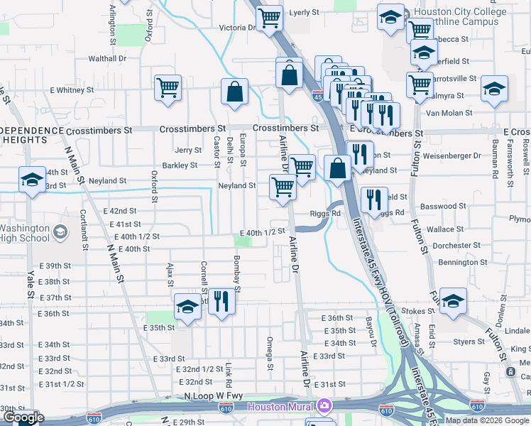 map of restaurants, bars, coffee shops, grocery stores, and more near 1207 Riggs Road in Houston