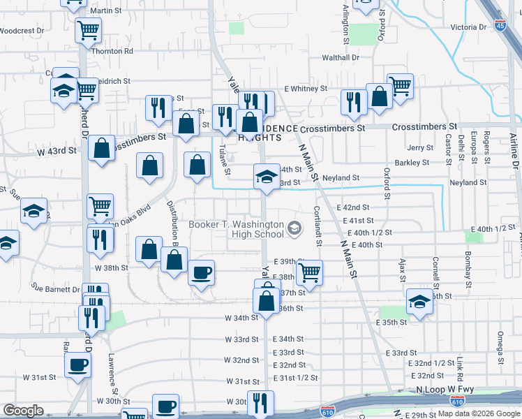 map of restaurants, bars, coffee shops, grocery stores, and more near 4127 Yale Street in Houston