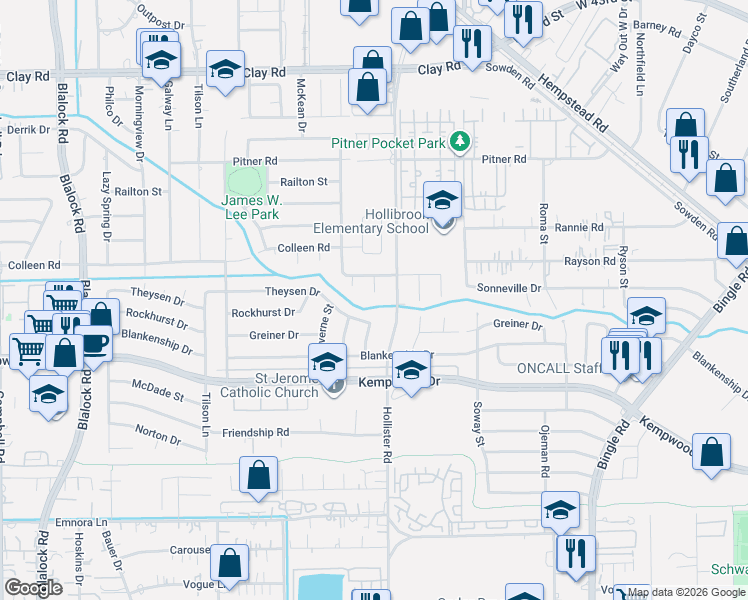 map of restaurants, bars, coffee shops, grocery stores, and more near 3307 Hollister Road in Houston