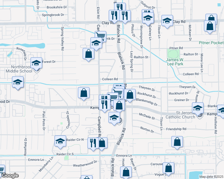 map of restaurants, bars, coffee shops, grocery stores, and more near 9351 Colleen Road in Houston