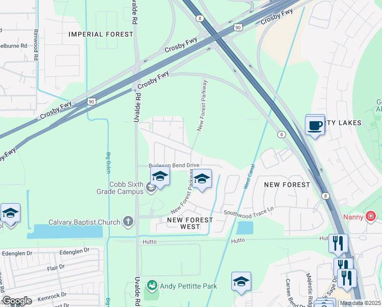 map of restaurants, bars, coffee shops, grocery stores, and more near 7110 New Forest Parkway in Houston