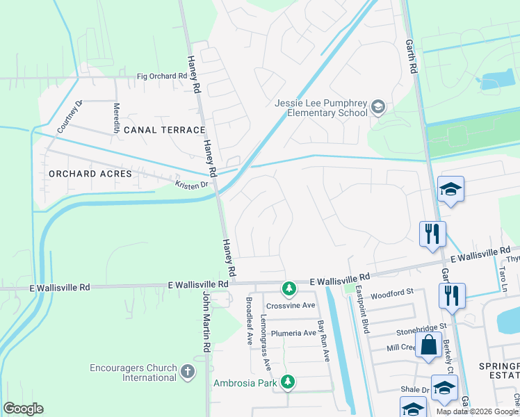 map of restaurants, bars, coffee shops, grocery stores, and more near 8785-8799 Haney Road in Baytown