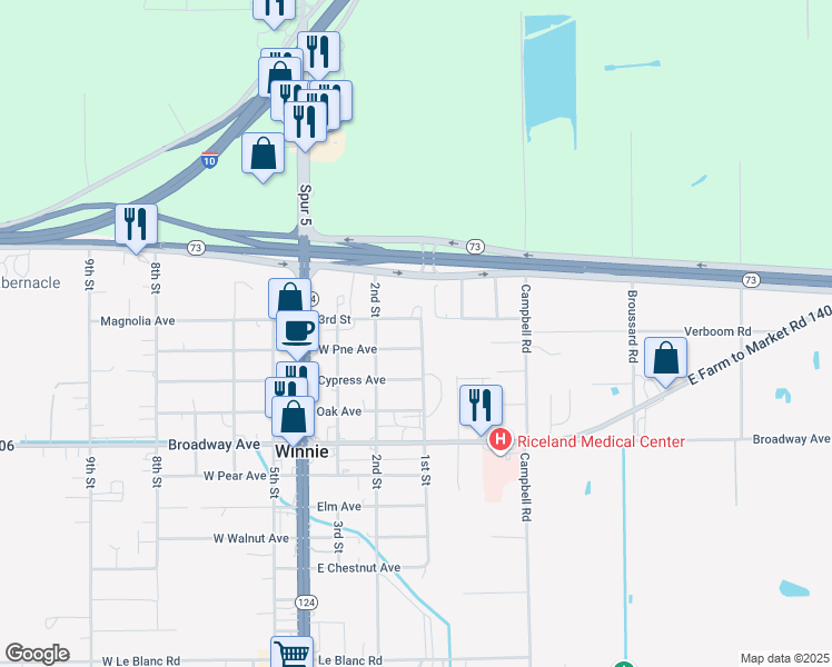 map of restaurants, bars, coffee shops, grocery stores, and more near 214 1st Street in Winnie