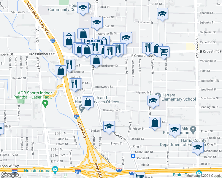 map of restaurants, bars, coffee shops, grocery stores, and more near 200 Basswood Street in Houston