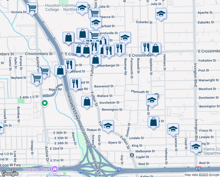 map of restaurants, bars, coffee shops, grocery stores, and more near 200 Basswood Street in Houston