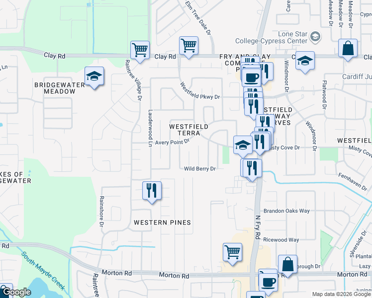 map of restaurants, bars, coffee shops, grocery stores, and more near 3647 Havenmoor Place in Katy