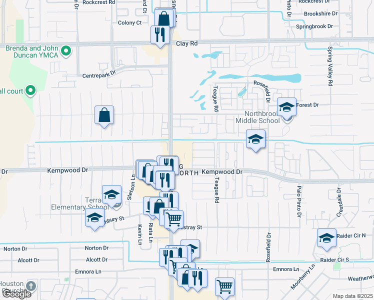 map of restaurants, bars, coffee shops, grocery stores, and more near 2870 Gessner Road in Houston