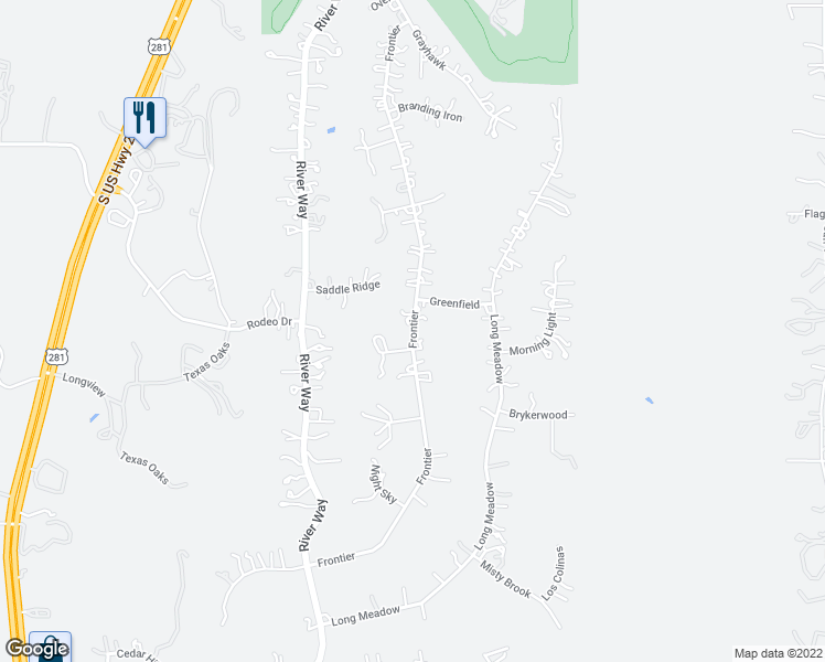 map of restaurants, bars, coffee shops, grocery stores, and more near 1743 Frontier in Spring Branch