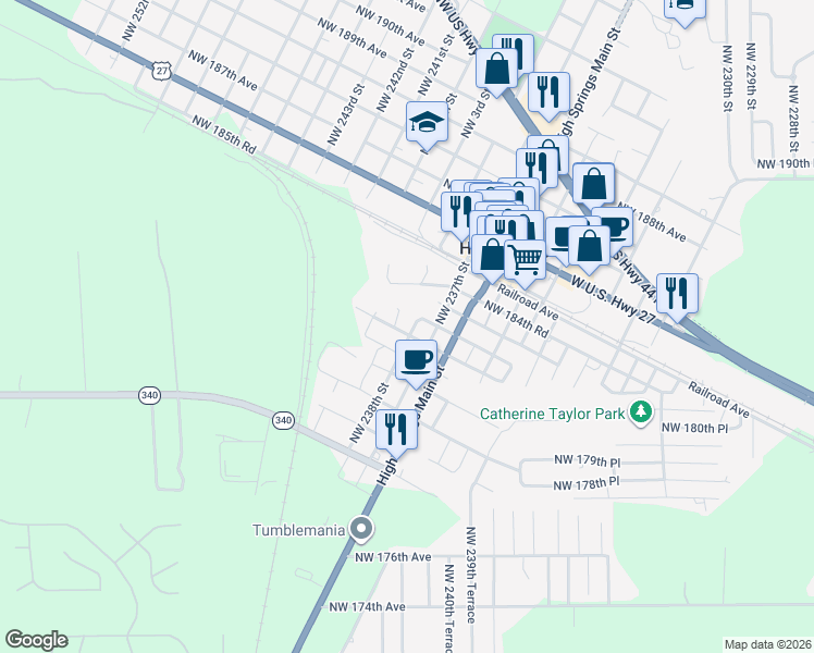 map of restaurants, bars, coffee shops, grocery stores, and more near 115 Southwest 3rd Avenue in High Springs