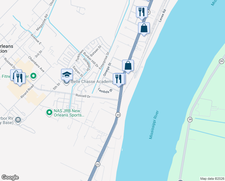 map of restaurants, bars, coffee shops, grocery stores, and more near 111 Upsilon Street in Belle Chasse