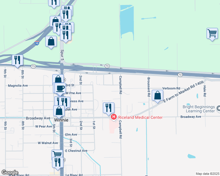 map of restaurants, bars, coffee shops, grocery stores, and more near 524 Stidham Street in Winnie