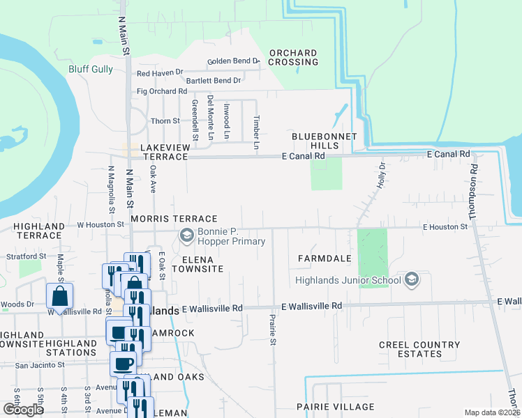 map of restaurants, bars, coffee shops, grocery stores, and more near 704 East Houston Street in Highlands