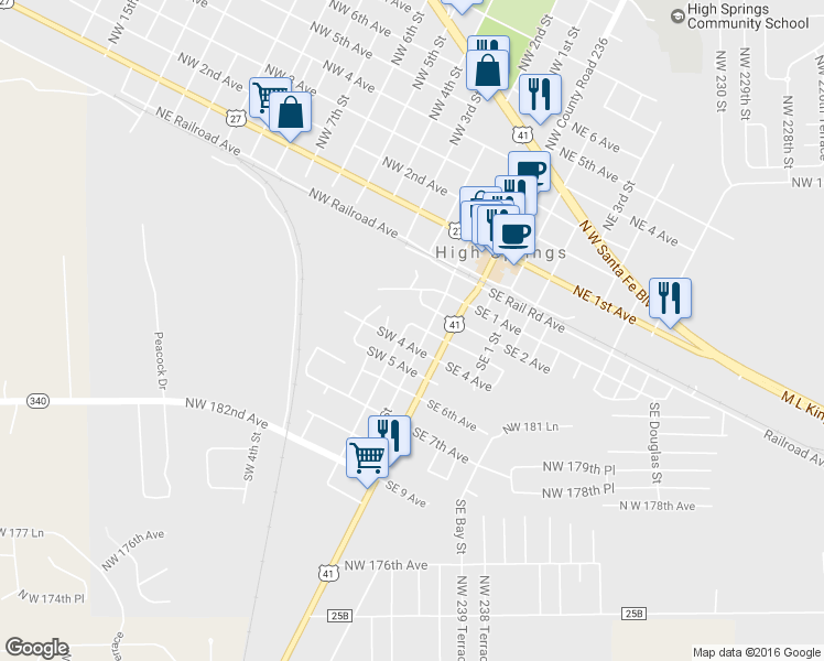 map of restaurants, bars, coffee shops, grocery stores, and more near 115 Southwest 3rd Avenue in High Springs