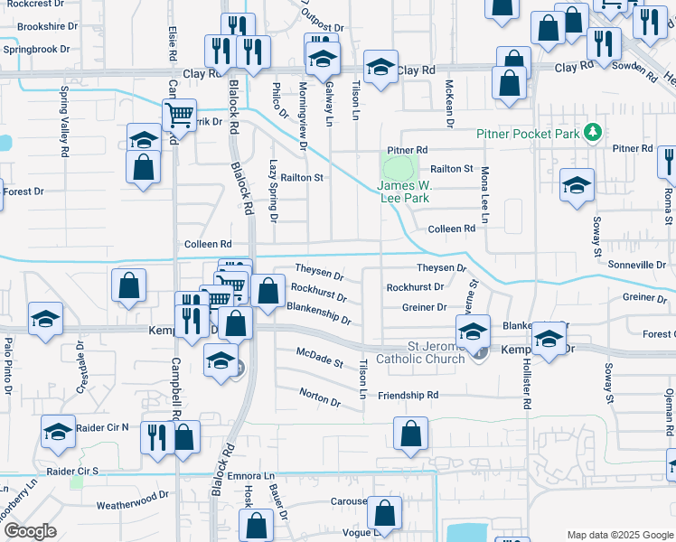 map of restaurants, bars, coffee shops, grocery stores, and more near 3307 Theysen Circle in Houston