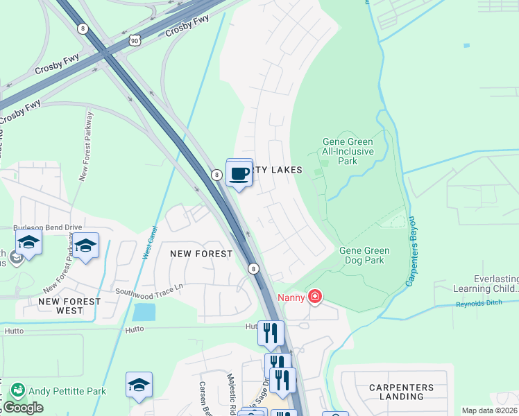 map of restaurants, bars, coffee shops, grocery stores, and more near 15519 Red Pine Ridge Way in Houston