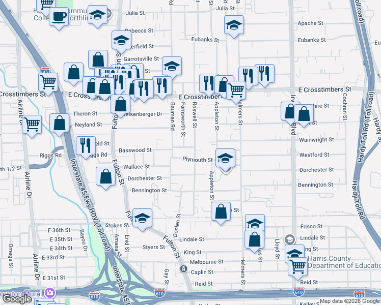 map of restaurants, bars, coffee shops, grocery stores, and more near 326 Basswood Street in Houston
