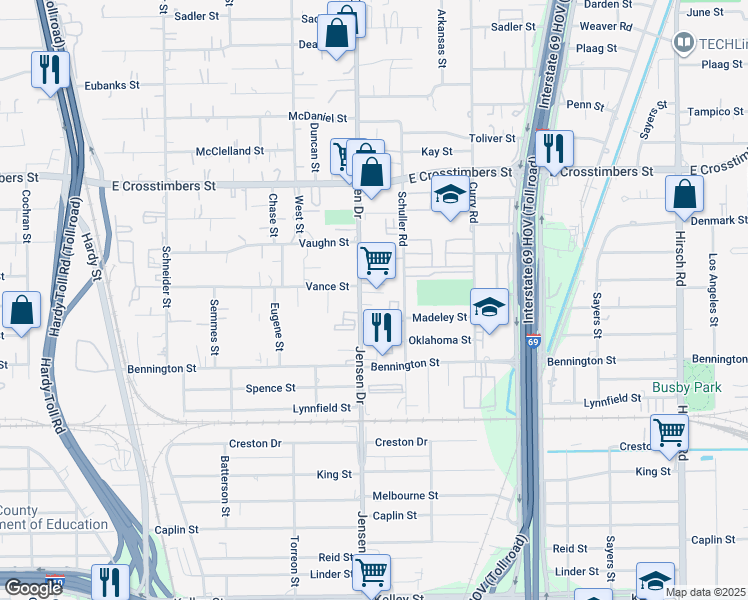 map of restaurants, bars, coffee shops, grocery stores, and more near 7110 Jensen Drive in Houston