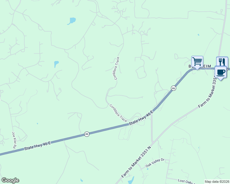 map of restaurants, bars, coffee shops, grocery stores, and more near 102 Cordillera Ridge in Boerne