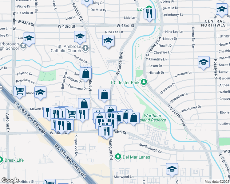 map of restaurants, bars, coffee shops, grocery stores, and more near 3738 Watonga Boulevard in Houston